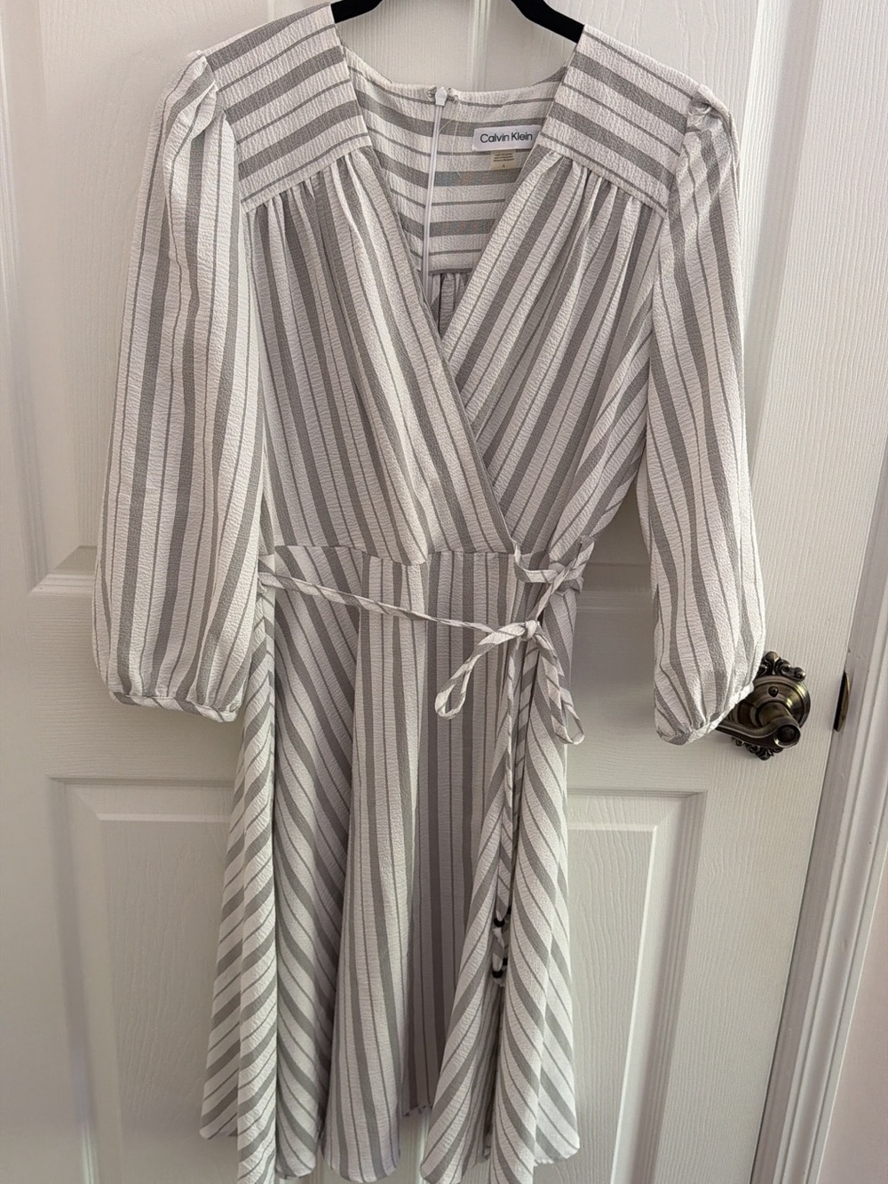 Calvin Klein Gray and White Striped Wrap Midi Dress